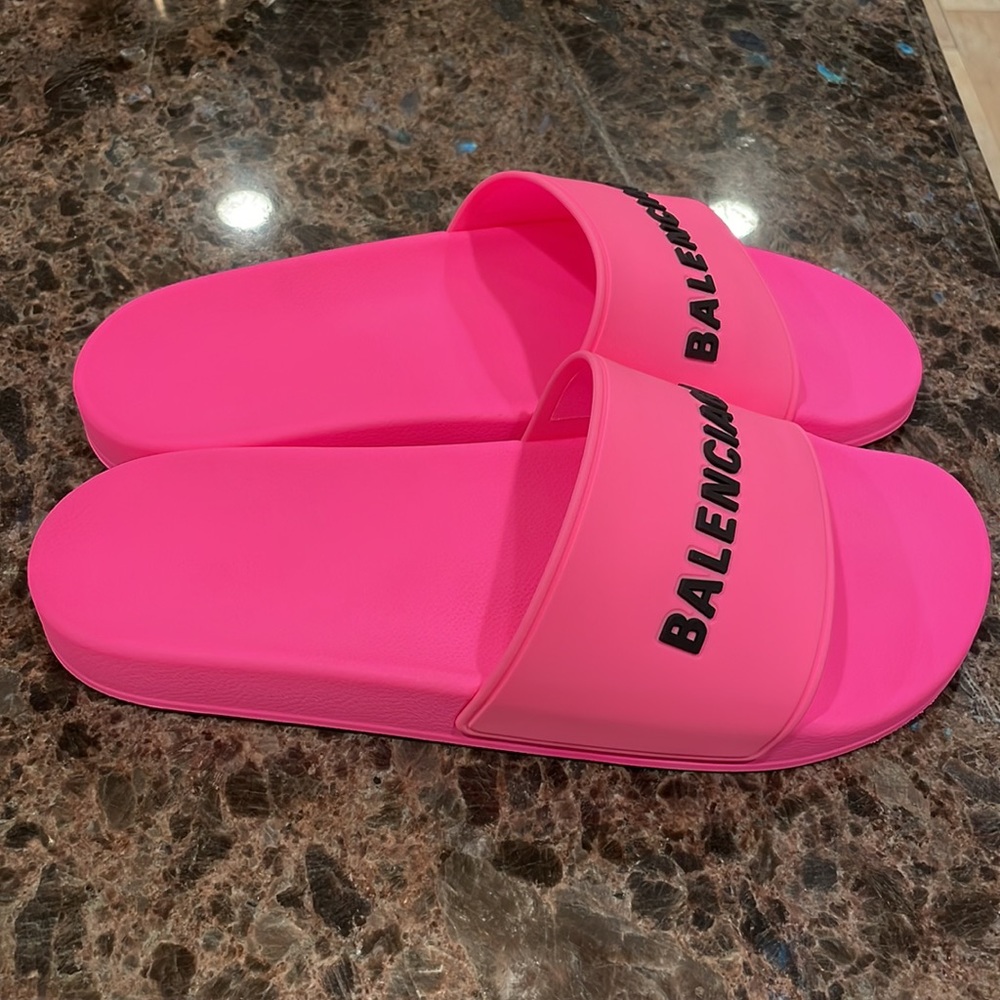 Balenciaga rubber pvc pool slides neon pink logo flats sandals sz 42 - Picture 7 of 10